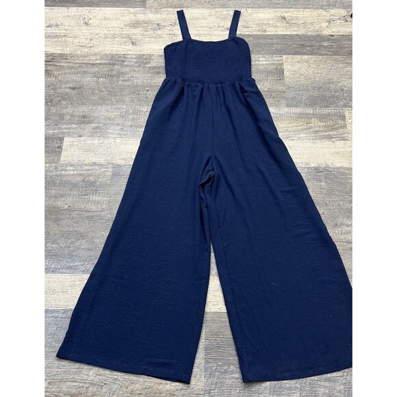 Wide Leg Jumpsuit Overall Strap Solid Blue Pant Jumper Size Large - Picture 1 of 14